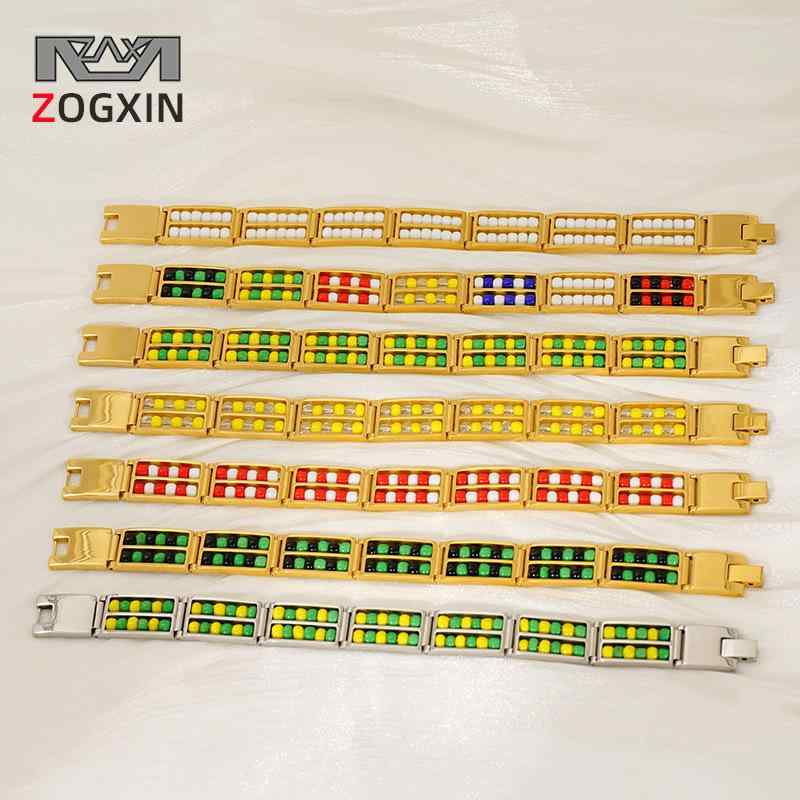 ブレスレット ユニセックス チタン鋼 ゴールド ステンレス 天然石 ビーズ ファッション 幾何学模様 欧美スタイル 黄 緑 白 赤 黒 青 カラフル