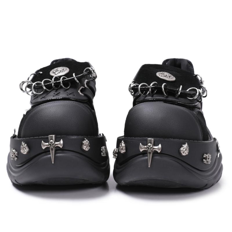 ローファー レディース 厚底 レザーシューズ パンク メタルパーツ ベルクロ ラウンドトゥ 太ヒール 黒 ブラック カジュアル 普段使い 春夏(x2)