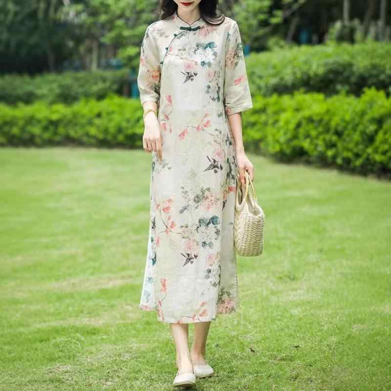 ワンピース レディース 大きいサイズ 苎麻 立襟 チャイナドレス風 プリント 綿麻 ミモレ丈ワンピース 文芸 レトロ調 春夏