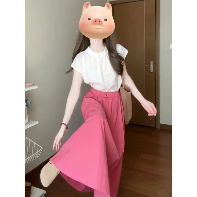 ワンピース レディース 韓国風 ファッション ガーリー フェミニン ピンク系 夏物 セットアップ 上下セット 2点セット トップス スカート 半袖 ロング丈 かわいい おしゃれ