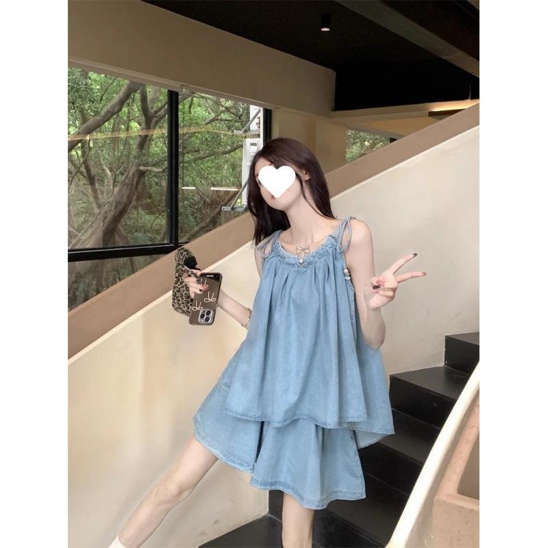 デニムセットアップ レディース 韓国風 ノースリーブ トップス ＆ デニムスカート 上下 2点セット カジュアル 通勤 普段使い かわいい