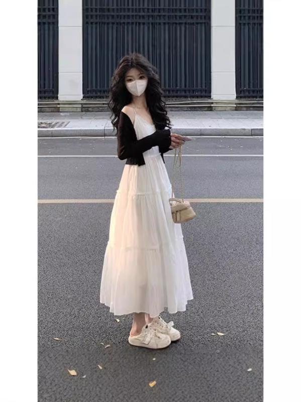 ワンピース レディース 早秋 韓国風 茶系 淑女 かわいい キャミソールワンピース カーディガン セットアップ ポリエステル 長袖 ロング丈ワンピース フェミニン