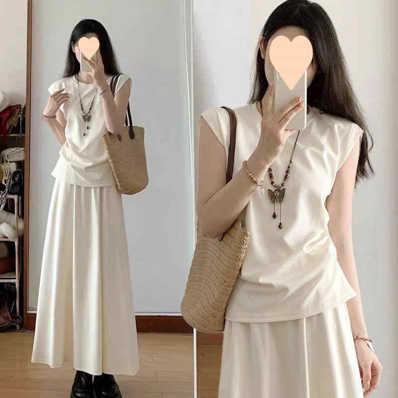 セットアップ レディース 韓国風 快適 杏色 黒 ポリエステル スカート トップス 2点セット 夏服 サマー ファッション エレガント