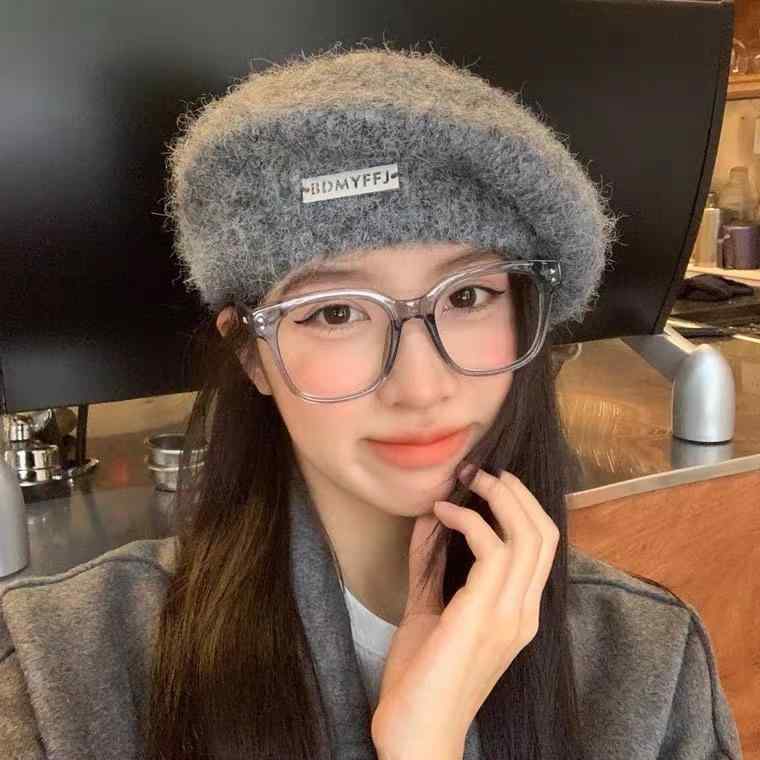 Knit Hat - ベレー帽 レディース 秋冬 モヘヤ ニット 画家帽 小顔効果 あったか ウール 帽子 ホワイト グレー ブラック グリーン モカ