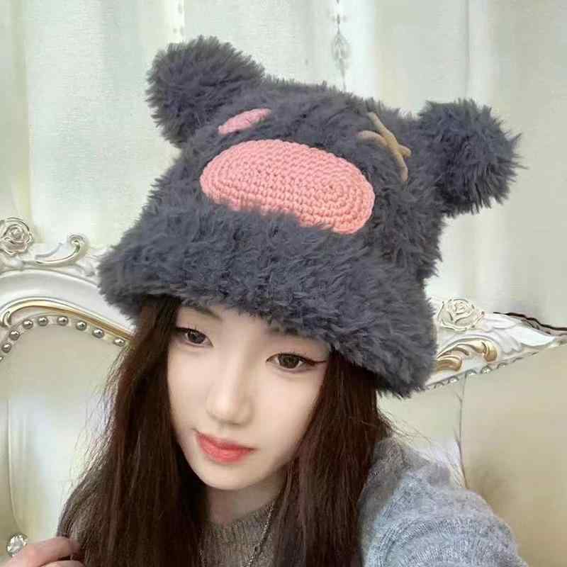 Knit Hat - ニット帽 レディース かわいい 防寒 暖かい 帽子 秋冬 女性用 毛糸 ぬいぐるみ 裏起毛 小顔効果 ブラック ベージュ カーキ