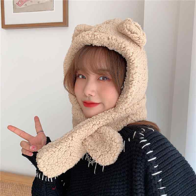帽子 レディース 秋冬 小熊 テディベア ボア 防寒 あったか かわいい 韓国風 ネックウォーマー ミトン 手袋 一体型 グレー ブラウン ベージュ カーキ 自転車 アウトドア