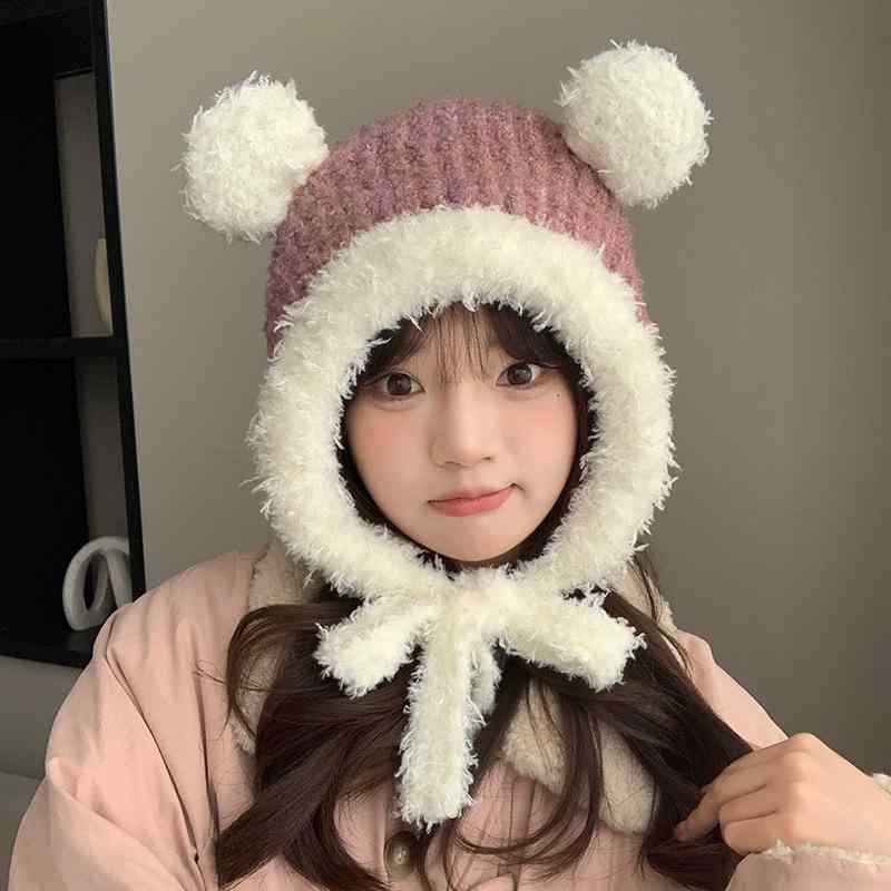 ニット帽 レディース 秋冬 小熊 耳 あったか 防寒 保温 接触冷感 小顔効果 かわいい ざっくり 編み 厚手 ゆったり 伸縮性 韓国風 ファッション ピンク系 カーキ色 ブラウン ブラック グリーン