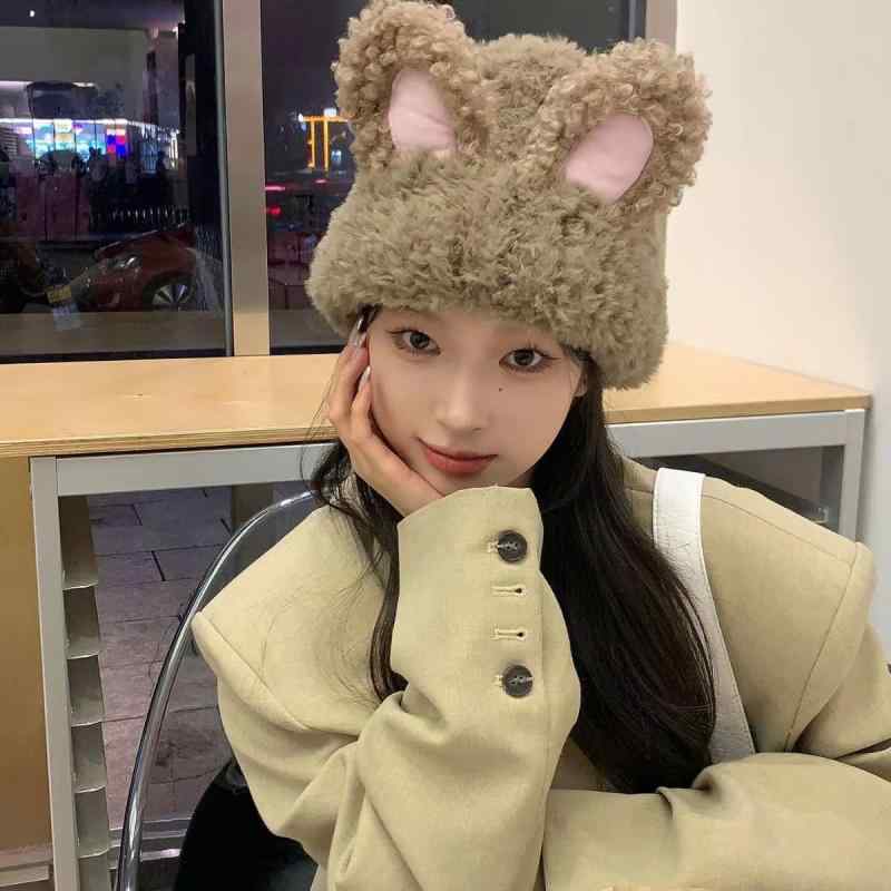 Knit Hat - ニット帽 レディース 秋冬 ラビット ウサギ 兎 耳 あったか 防寒 小顔効果 かわいい 包頭帽 カートゥーン ふわふわ ピンク系 ブラック アイボリー グレー