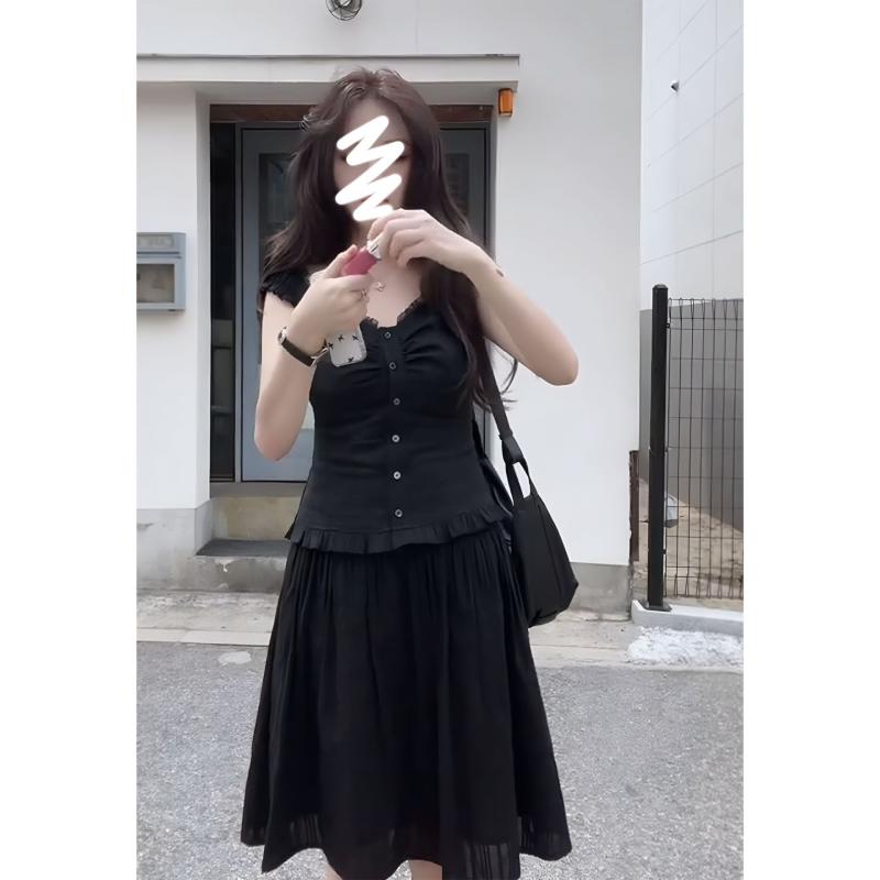 セットアップ レディース 韓国風 トップス スカート 上下セット 半袖 ミニスカート Aライン 無地 木耳フリル 膝丈 アクリル 春夏 カジュアル