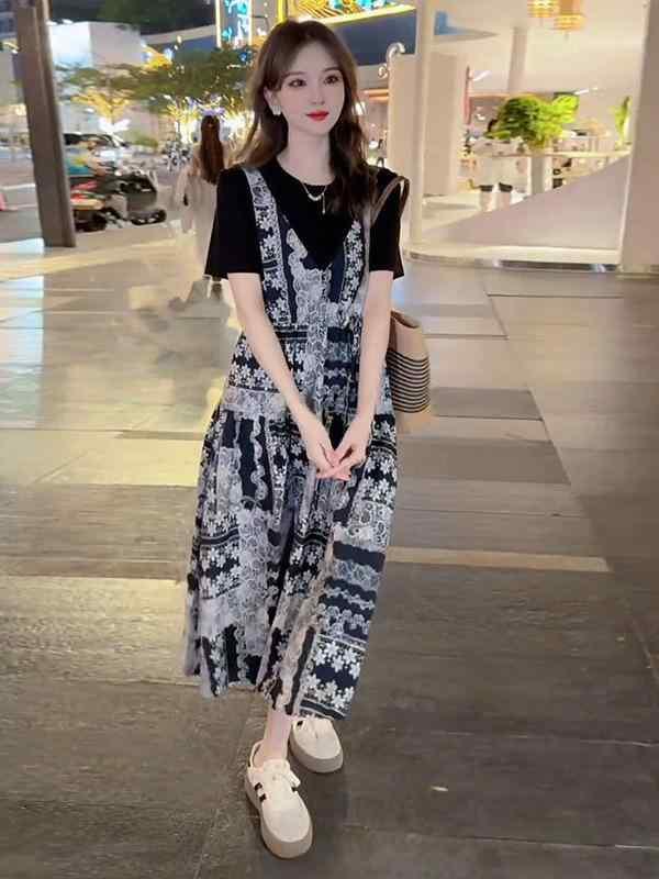 ワンピース レディース 韓国 フェイクツーピース 夏 普段使い カジュアル 細見え ミディアム丈 接触冷感 吸湿速乾