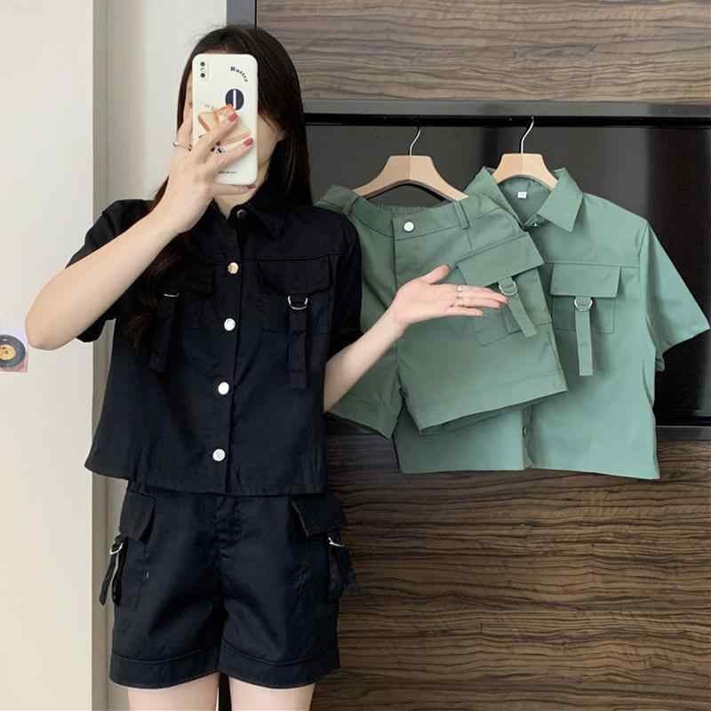 セットアップ レディース ドーパミン ファッション ワーク ハーフパンツ トップス 上下セット 若見え 小柄 カジュアル ポリエステル 無地 グリーン ブラック