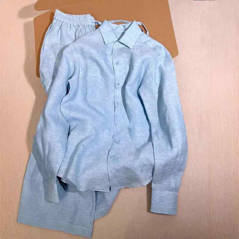 セットアップ レディース Morandiカラー ゆるかわ 長袖 シャツ ワイドレッグパンツ 上下 2点セット ポリエステル 無地 ブルー 普段使い 韓国風