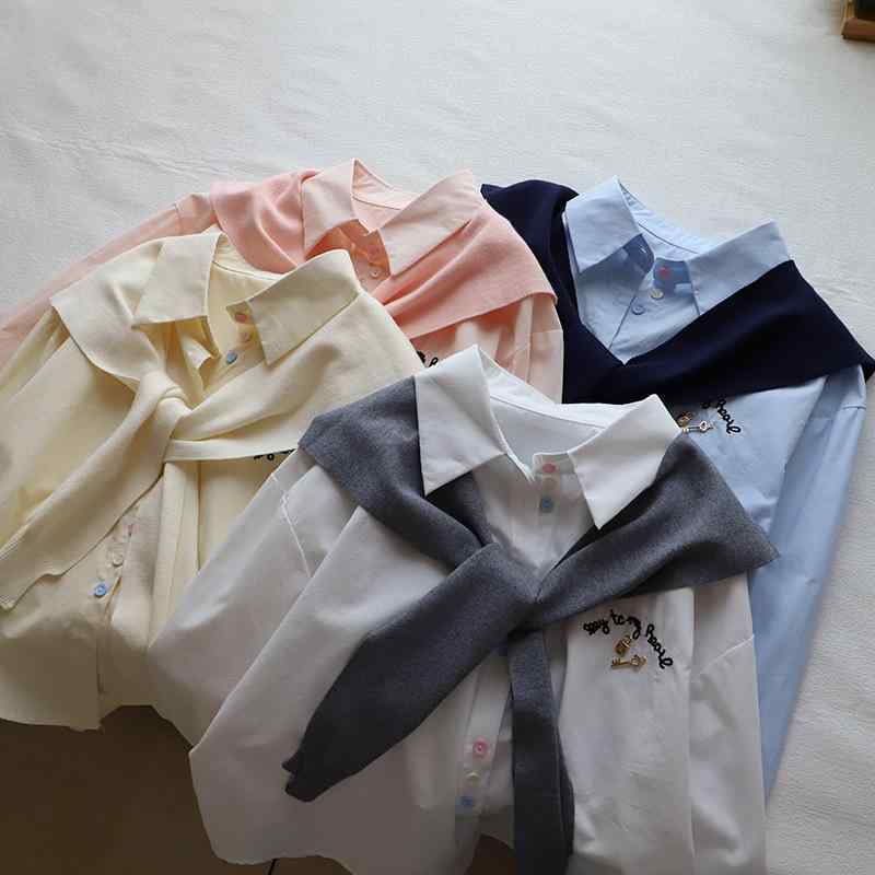 シャツ レディース 綿麻 刺繍 長袖 2点セット 春秋 アンサンブル トップス ショール付き 襟付き 刺しゅう 切り替え 配色 ゆったり 普段使い