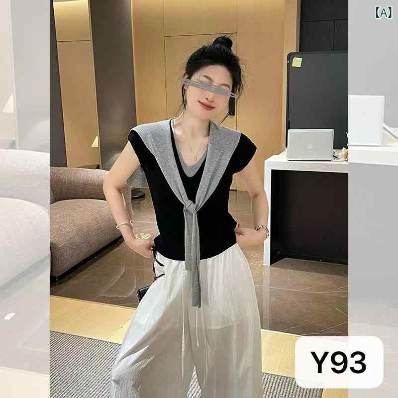 ニット レディース スカーフ風ネック 半袖 プルオーバー トップス 接触冷感 無地 薄手 エレガント 通勤 オフィス カジュアル ブラック ホワイト ベージュ ブルー グレー