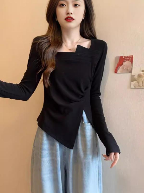 Tシャツ レディース 大きいサイズ 長袖 秋冬 スクエアネック トップス ポリエステル 無地 白 黒 オフホワイト