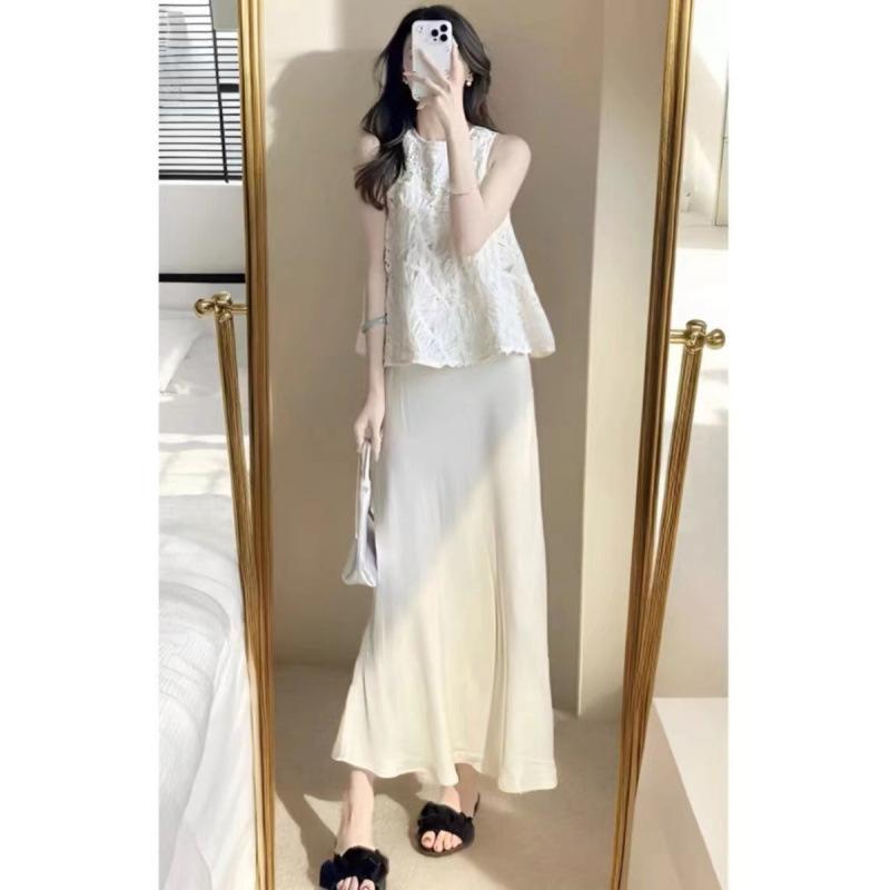 セットアップ レディース 2点セット 镂空トップス ハイウエスト スカート ポリエステル きれいめ エレガント 通勤 オフィス カジュアル 春夏