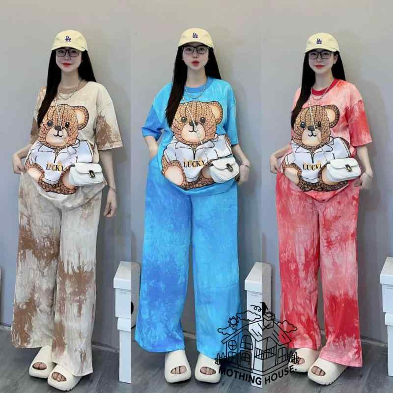 セットアップ レディース 扎染風 トップス &amp; ワイドレッグパンツ 2点セット ポリエステル ゆったり 小熊プリント 半袖 春夏 カジュアル 通勤 カキー/ブルー/レッド