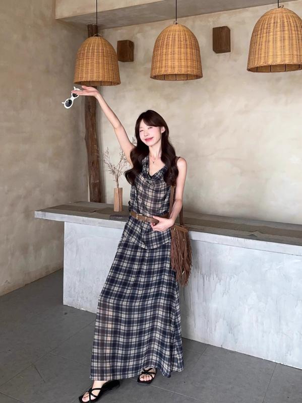 セットアップ レディース ヴィンテージ風 格子柄 キャミソール 高腰スカート フレアスカート フランス風 2点セット 黒 ブラック ポリエステル レトロ調 普段使い