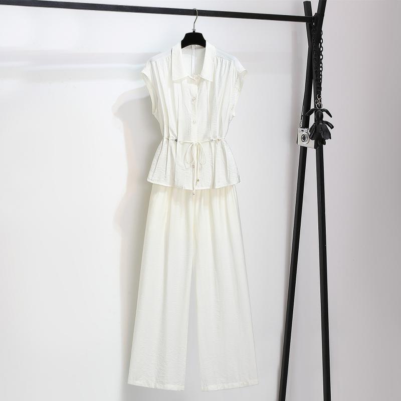 セットアップ レディース 天丝 ノースリーブ シャツ ワイドパンツ 2点セット 春夏 韓国風 カジュアル きれいめ 白 ホワイト ブルー