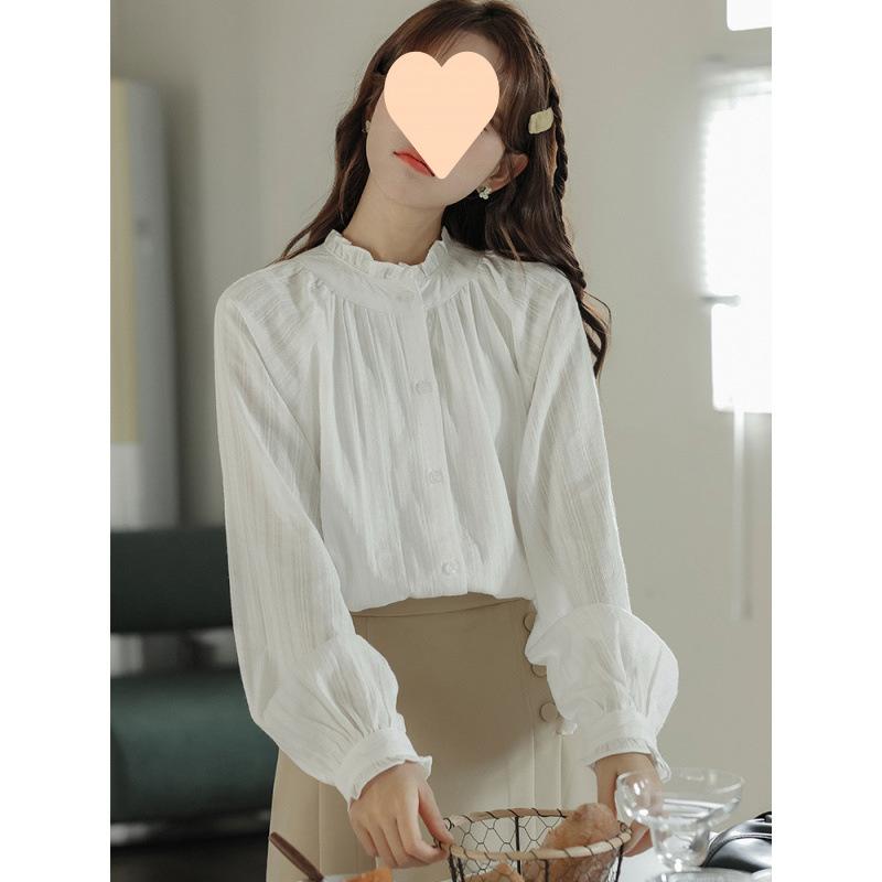 シャツ レディース 長袖 コットン フリルネック ブラウス 白 春秋 トップス ギャザー ゆったり かわいい 立襟