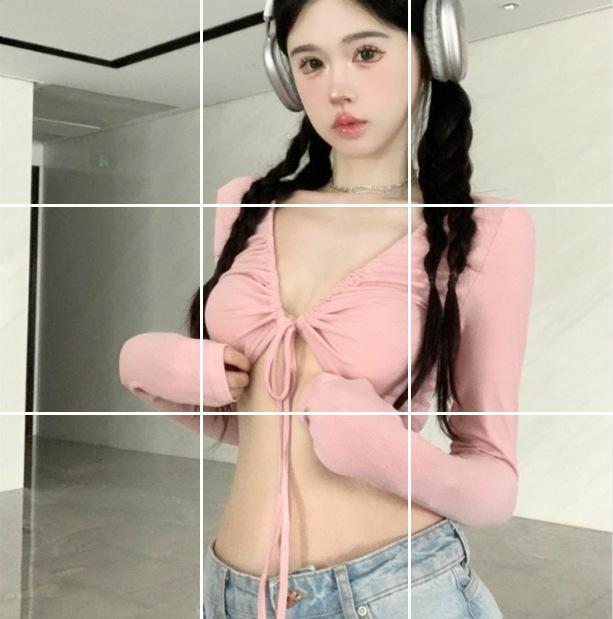 Tシャツ レディース 長袖 Vネック ピンク ブラック 結び 春秋 トップス カットソー スリム 綿 無地 かわいい セクシー フェミニン