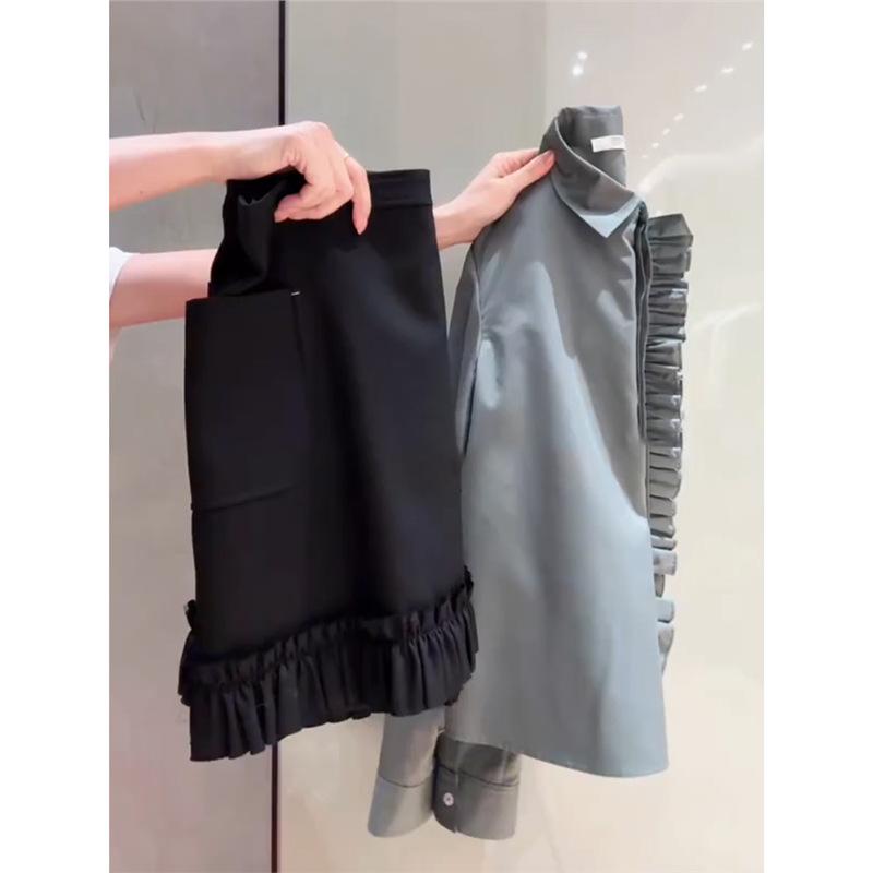 シャツ レディース 2点 セットアップ グレー プリンセススリーブ 長袖 シャツ 黒 ブラック スカート 上下セット ファッション かわいい 私服 名媛 スタイル