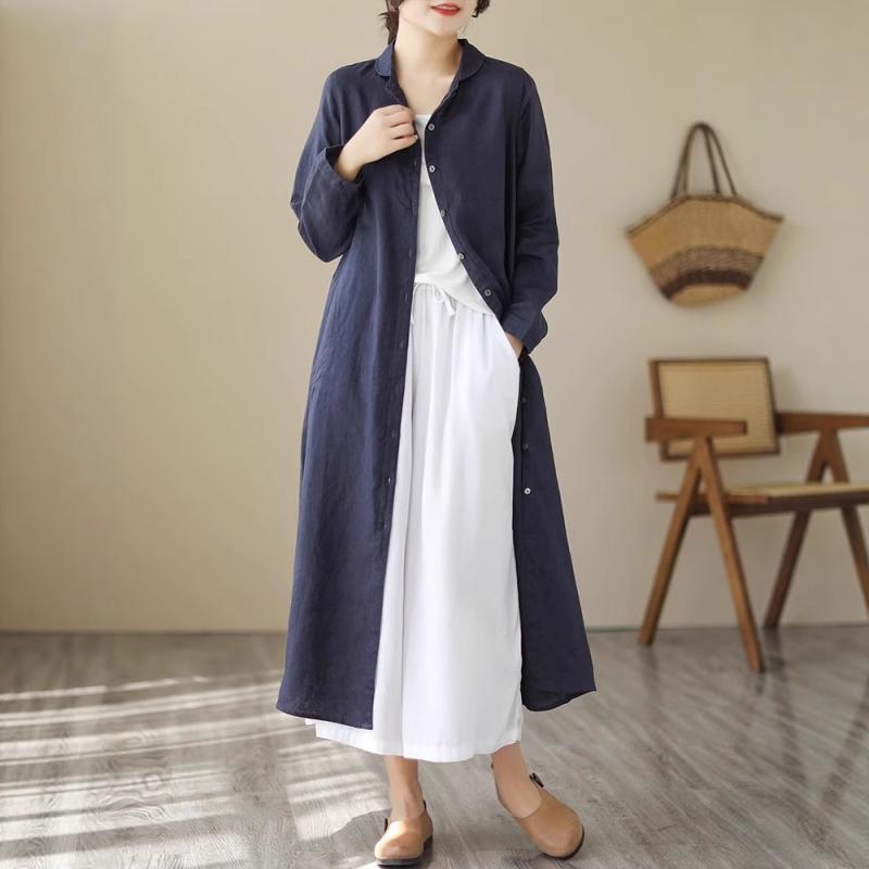 乐天商城 - ワンピース 女性用 コットンリネン シャツドレス 長袖 開襟 POLO ボタン ミドル丈 ゆったり腰回り 純色 爽やか 甘め 快適 ゆったり ミッド ロング スリーブ コットン 麻 素材 ゆったりフィット ボタン ディテール シンプル デザイン ナチュラ