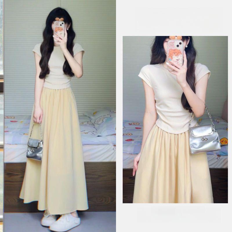 セットアップ レディース 夏 上下セット 半袖 トップス ロングスカート 綿混紡 無地 カジュアル 通勤 大人かわいい