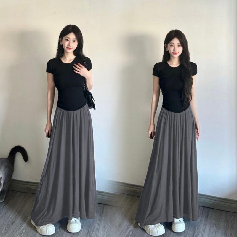 ニット レディース 半袖トップス ＋ ロングスカート セットアップ 夏 ストリート カジュアル ポリエステル ギャザースカート