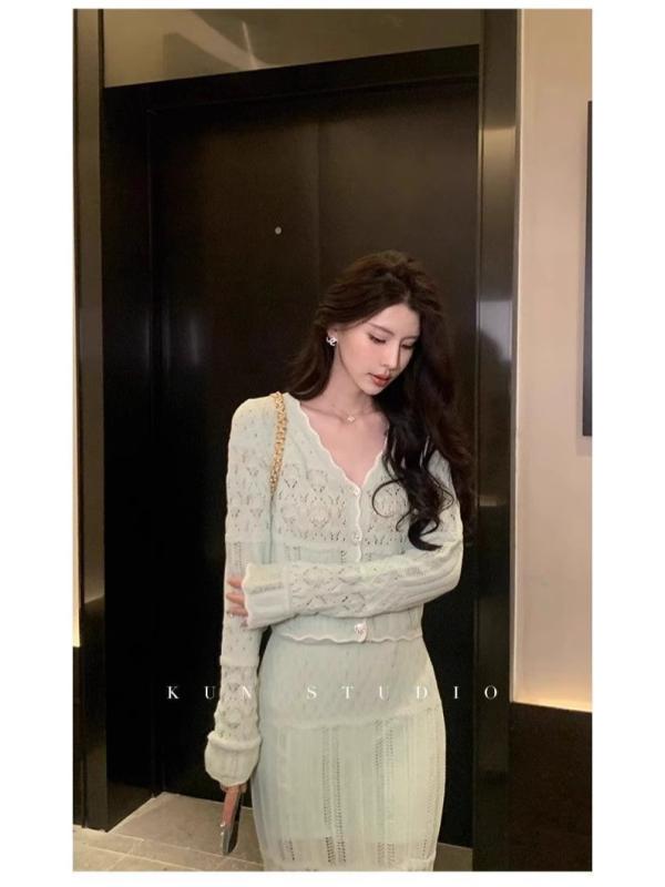 セットアップ レディース 薄手ニット トップス 高見え ロングスカート 上下 2点 春夏 長袖 接触冷感 伸..