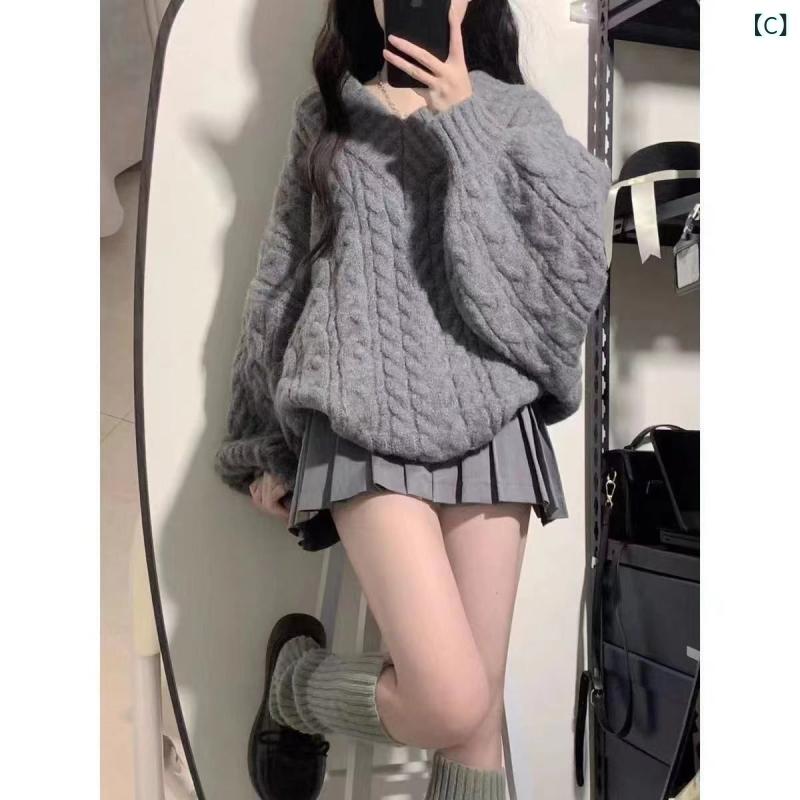 ニット レディース 秋冬 Vネック ケーブル編み セーター プリーツスカート セットアップ 灰色 ポリエステル レトロ 文芸風 パフスリーブ