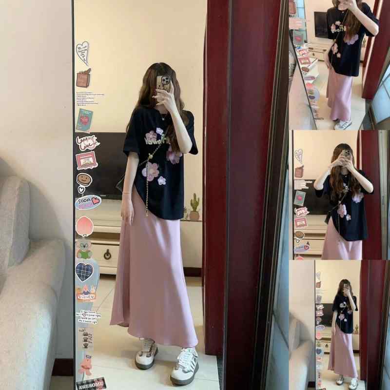 セットアップ レディース ブラックTシャツ ピンクスカート 上下セット 長袖 カジュアル 通勤 かわいい おしゃれ 春夏