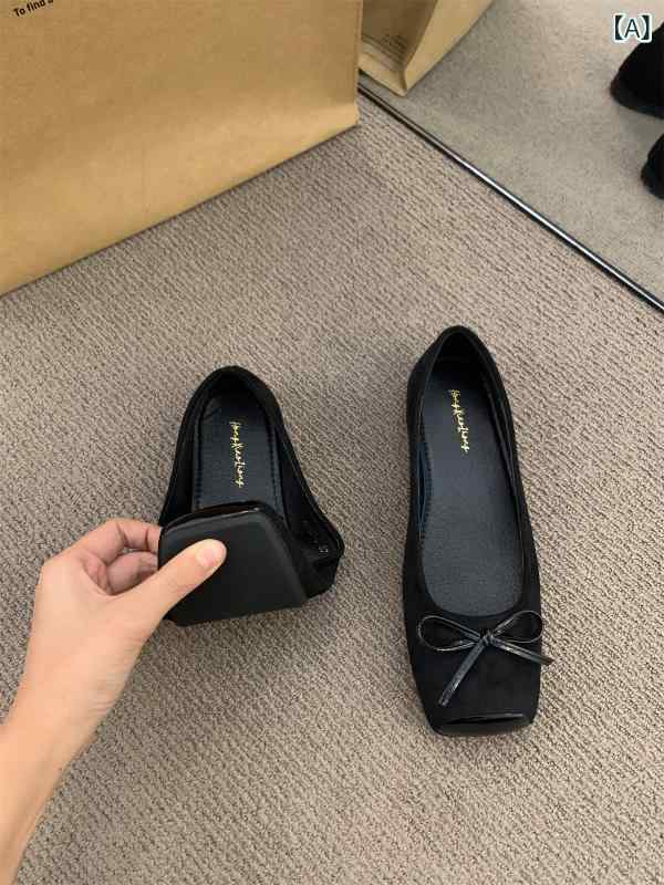 パンプス レディース バレエシューズ フラット ローヒール スエード調 スクエアトゥ 蝶結び 春夏 黒 赤 茶色