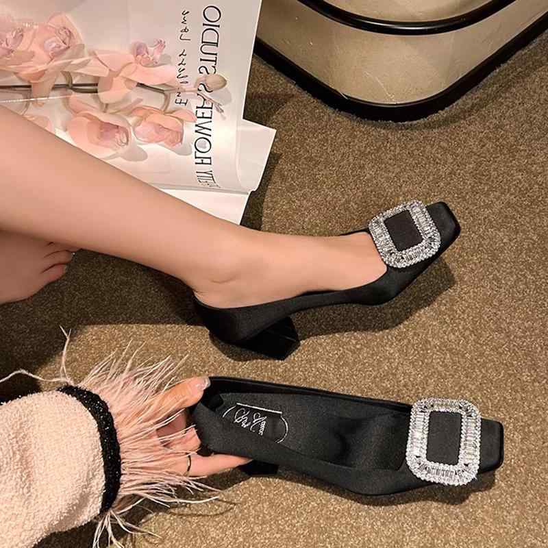 パンプス レディース スクエアトゥ ローヒール チャンキーヒール ビジュー バックル 婦人靴 ブラック フォーマル 春秋冬