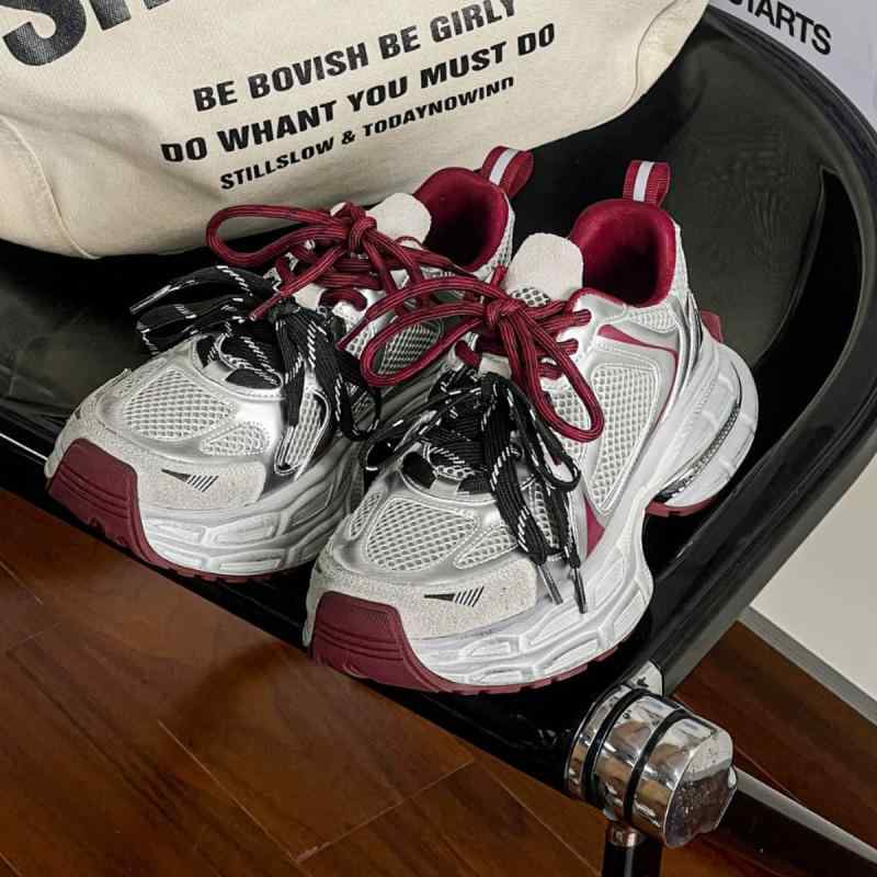 スニーカー レディース 厚底 本革 レースアップ スポーツMIX ダッドスニーカー 婦人靴 フラットヒール 歩きやすい 履きやすい 普段使い 旅行 レッド系 シルバーグレー