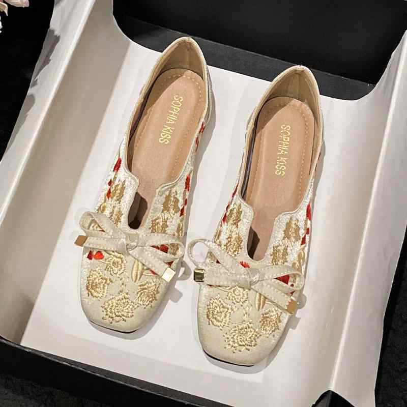 フラットシューズ レディース バレエシューズ 杏色 切り替え 刺繍 ローヒール ぺたんこ 痛くない 歩きやすい 履きやすい 超繊維 春夏 秋冬