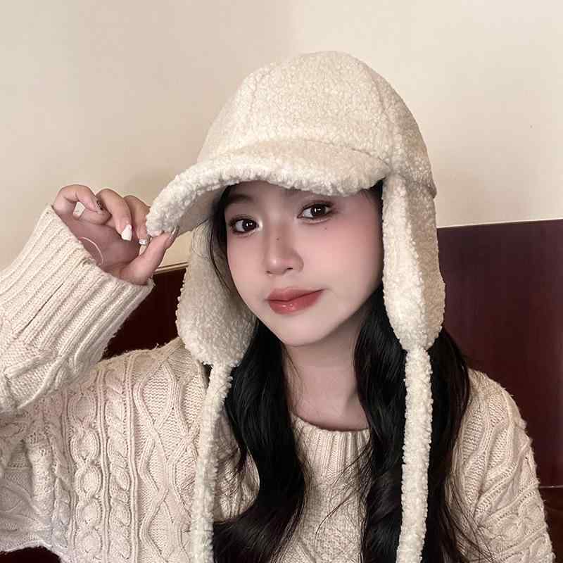 Knit Hat - 帽子 男女兼用 秋冬 防寒 羊羔毛 あったか 耳当て付き キャップ 韓国風 おしゃれ かわいい 自転車 普段使い ブラック ピンク系