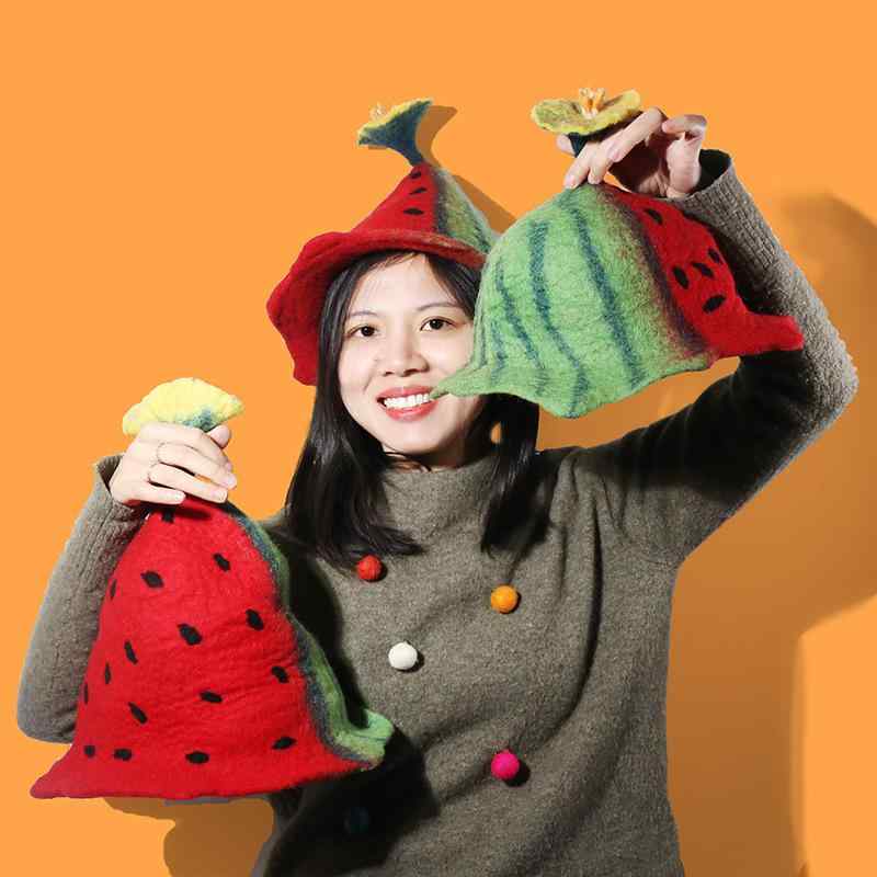 帽子 レディース メンズ ウール フェルト ハット 原宿風 ストリート スイカ かわいい 果物 モチーフ 秋..