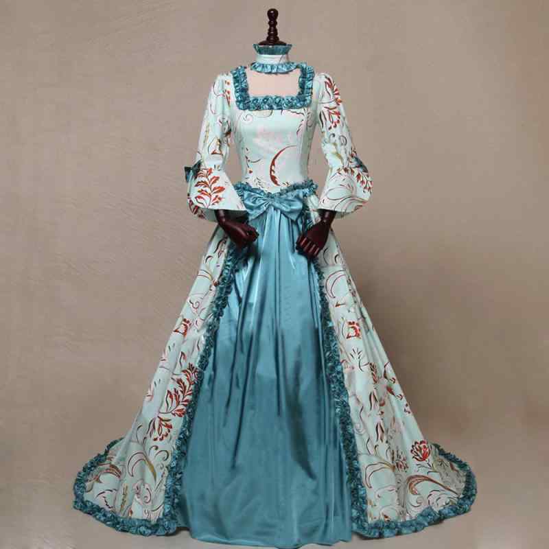 ワンピース レディース 長袖 印花 宮廷風 レトロ イブニングドレス フレア袖 ポリエステル 高腰 ロング丈 Aライン 欧美風 棕色 ブルー S M L XL XXL XXXL