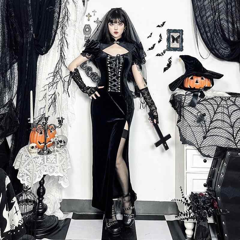 ワンピース レディース 膝下丈 タイト セクシー チャイナドレス風 高めのスリット入り ブラック ポリエステル 長袖 欧美風 秋冬 高見え