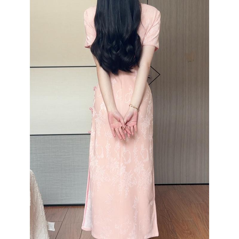 チャイナドレス レディース 春夏 ピンク系 ジャガード織 改良旗袍 エレガント 普段使い アクリル 長袖