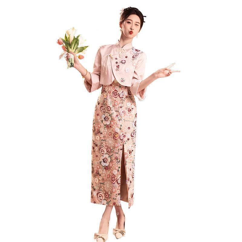 チャイナドレス レディース ウェディング ブライダル 結婚式 披露宴 パーティー レトロ 古典的 エレガント ロング丈 7分袖 スタンドカラー