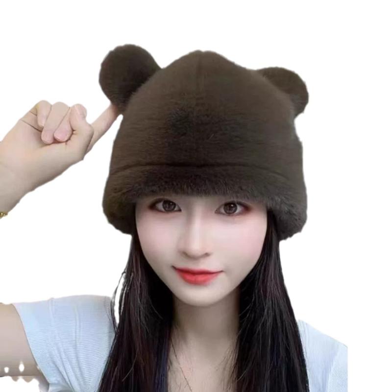 Knit Hat - 帽子 レディース 秋冬 小熊 耳 あて付き かわいい 防寒 暖か もこもこ ふわふわ キャップ 豆沙ピンク 白色 米白色 熊猫配色 ブラック グレー カフェ色