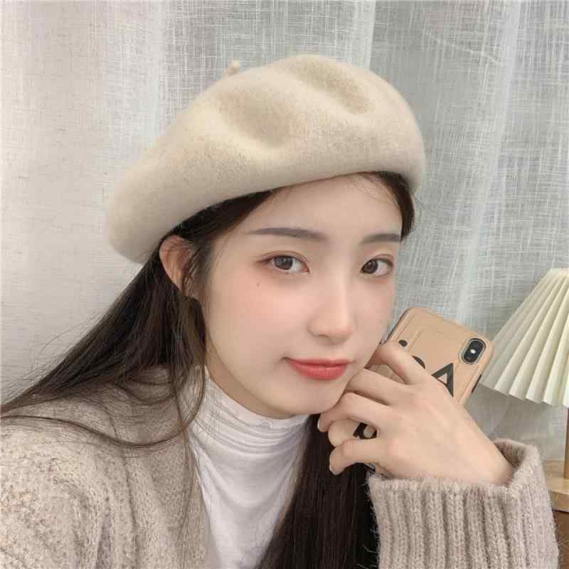 Knit Hat - ベレー帽 レディース 羊毛 ウール 秋冬 帽子 画家帽 日系 かわいい 防寒 大紅色 黒色 灰色 キャラメル色 ワインレッド カーキ色 ベージュ ピンク系 ダークグレー
