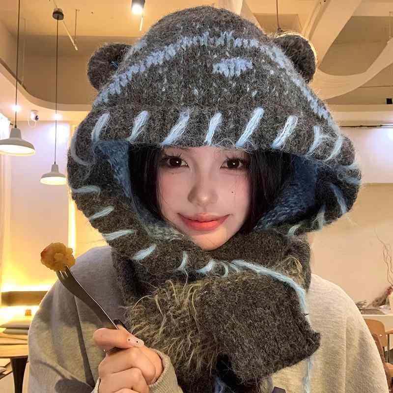 Knit Hat - 帽子 レディース かわいい クマ耳 ニット帽 秋冬 韓国風 厚手 防寒 保温 イヤーマフ グレー カフェ色