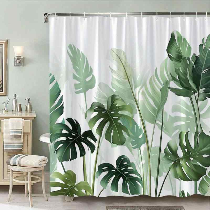 カーテン 熱帯 観葉植物 モンステラ柄 ポリエステル製 バスカーテン 浴室 間仕切り 目隠し 花柄 180cm