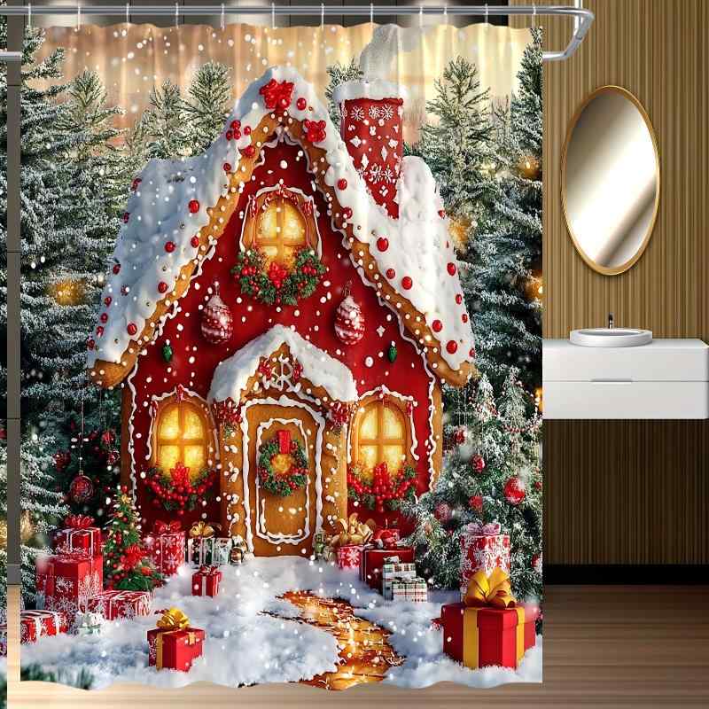 バスカーテン クリスマス柄 ジンジャーブレッドハウス ポリエステル製 セダーツリー 雪の結晶 深紅 180..