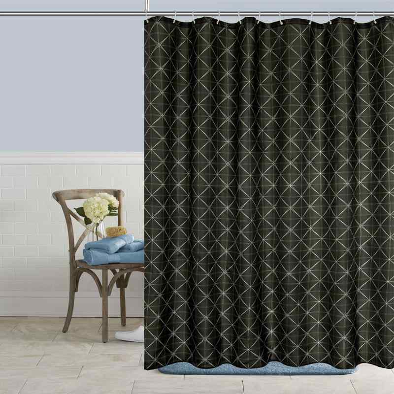 カーテン 浴室用カーテン 間仕切り 防水 ポリエステル製 プリント柄 フック付き ブラック グレー 格子柄