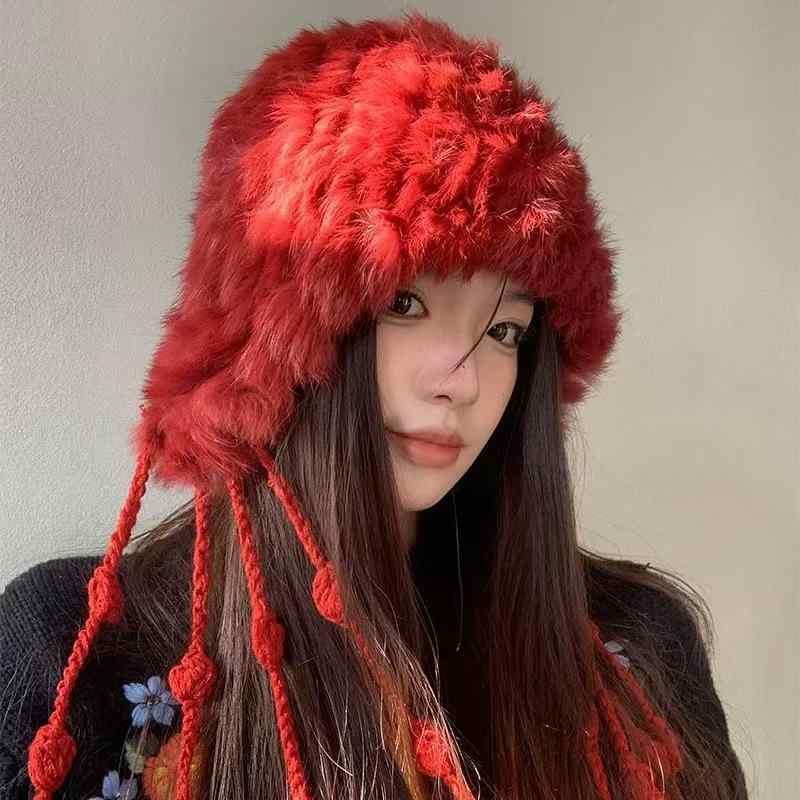 ニット帽 レディース 秋冬 厚手 ふわふわ リアルラビットファー ポンポン付き 防寒 小顔効果 暖かい 伸..