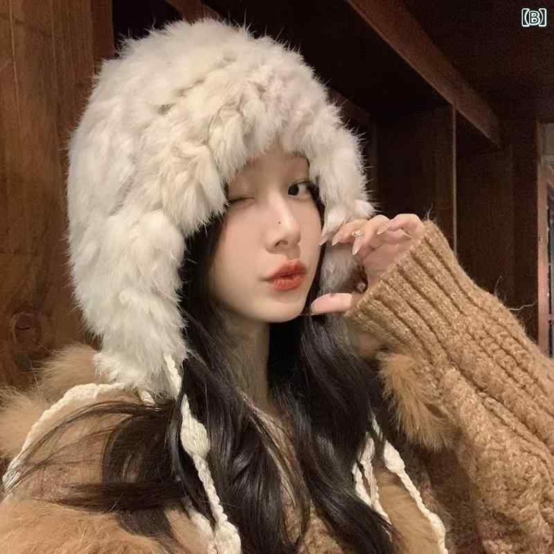 ニット帽 レディース 秋冬 厚手 ふわふわ リアルラビットファー ポンポン付き 防寒 小顔効果 暖かい 伸縮性 チューリップハット 中国赤 ベージュ ホワイト カーキ ブラック